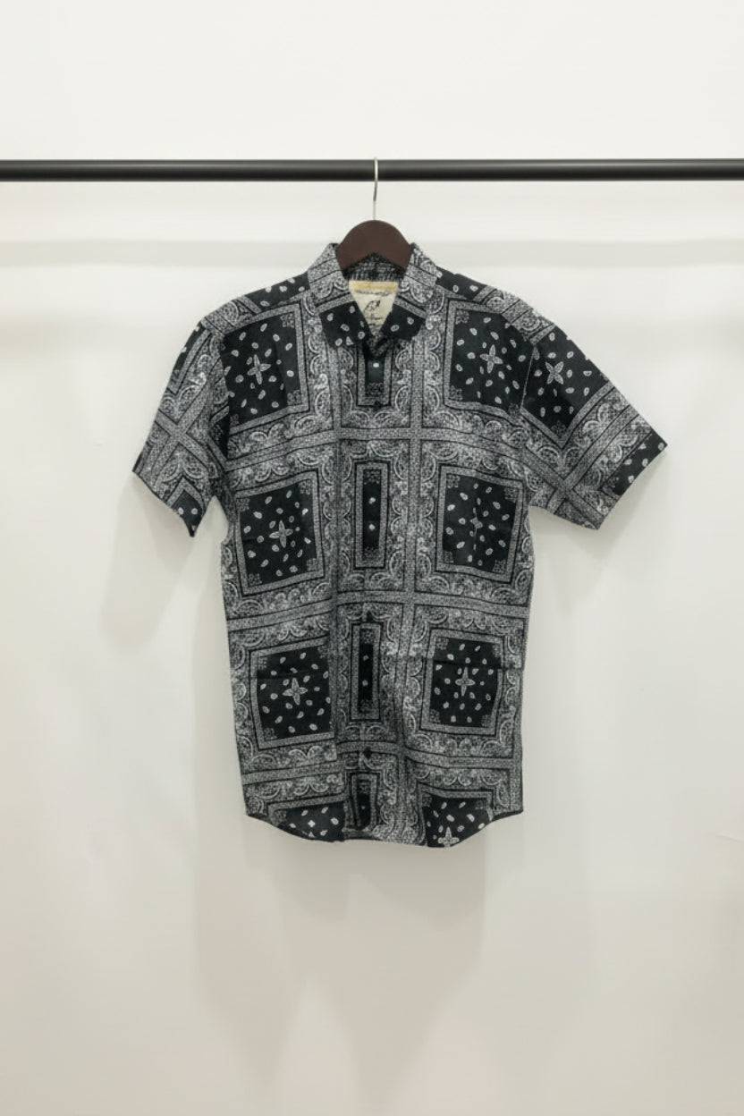 Men's Black & White Bandana Print Short Sleeve Casual Shirt