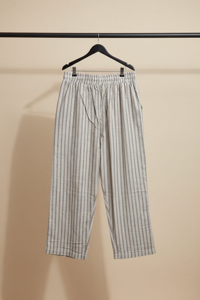 Women's Brown and White Striped Linen Blend Wide Leg Pants