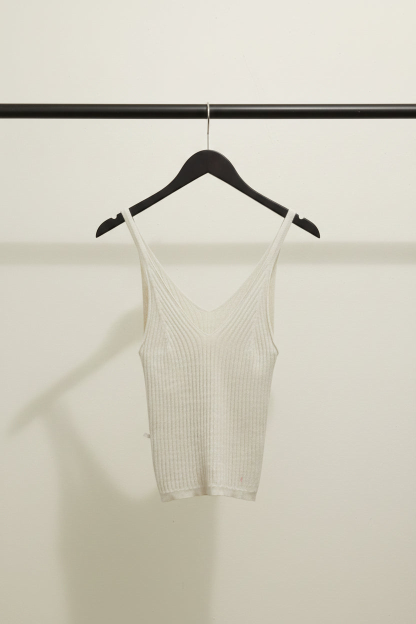 Women's Beige Ribbed Knit V-Neck Tank Top