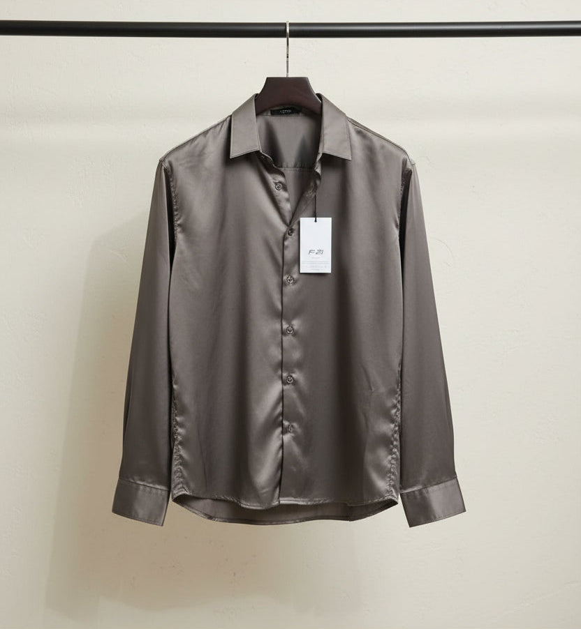 F+21 Men's Grey Satin Long Sleeve Button-Up Shirt