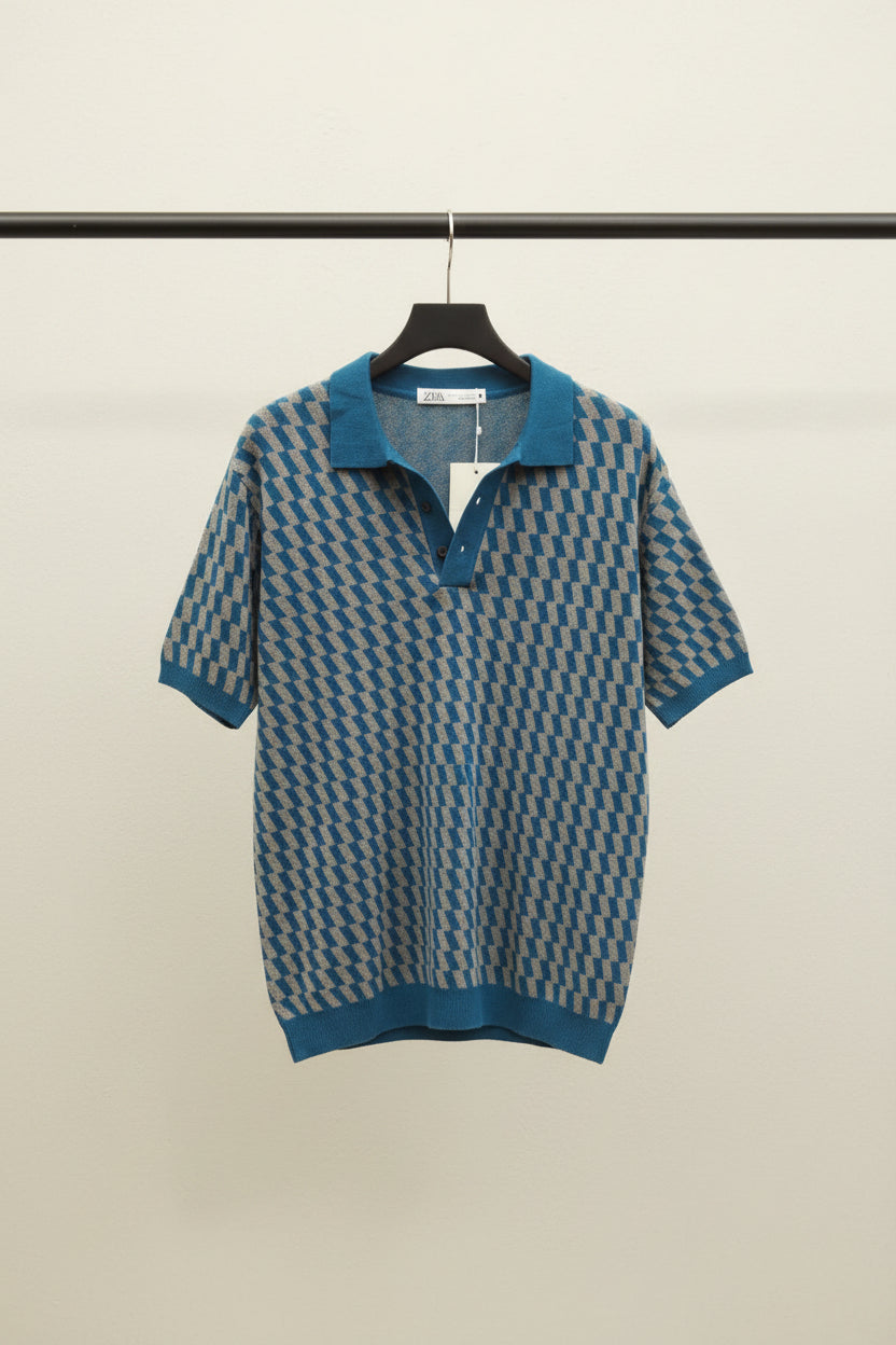 Zara Men's Blue & Grey Geometric Knit Polo Shirt