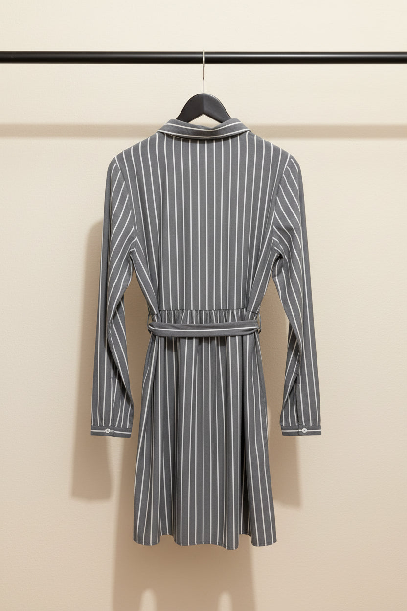Women's Grey and White Striped Long Sleeve Shirt Dress with Belt