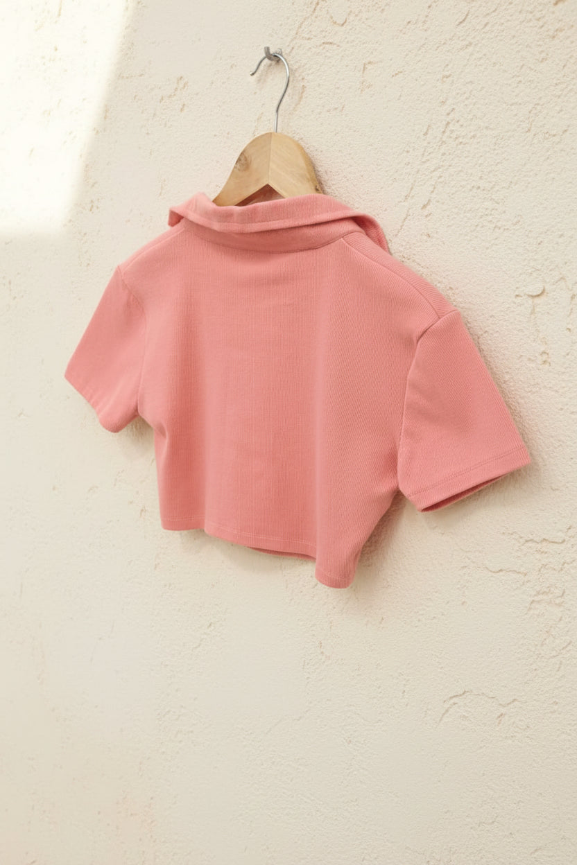 LILLEAGLE Women's Peach Ribbed Zip-Up Crop Top
