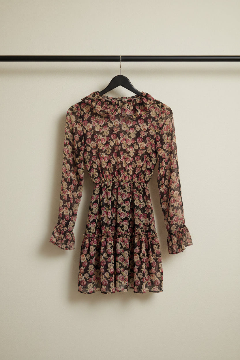ZARA Black Floral Ruffle A-Line Mini Dress