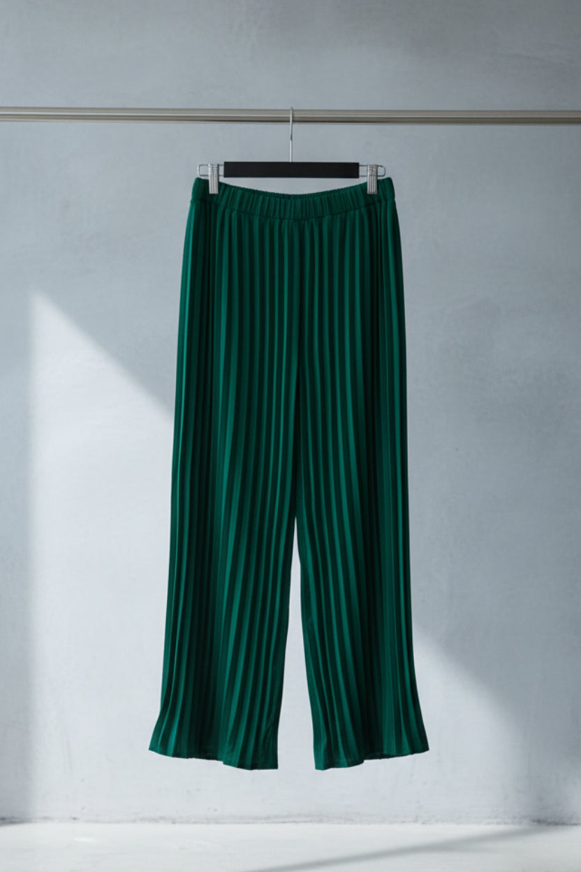 Women's Emerald Green Pleated Wide Leg Trousers
