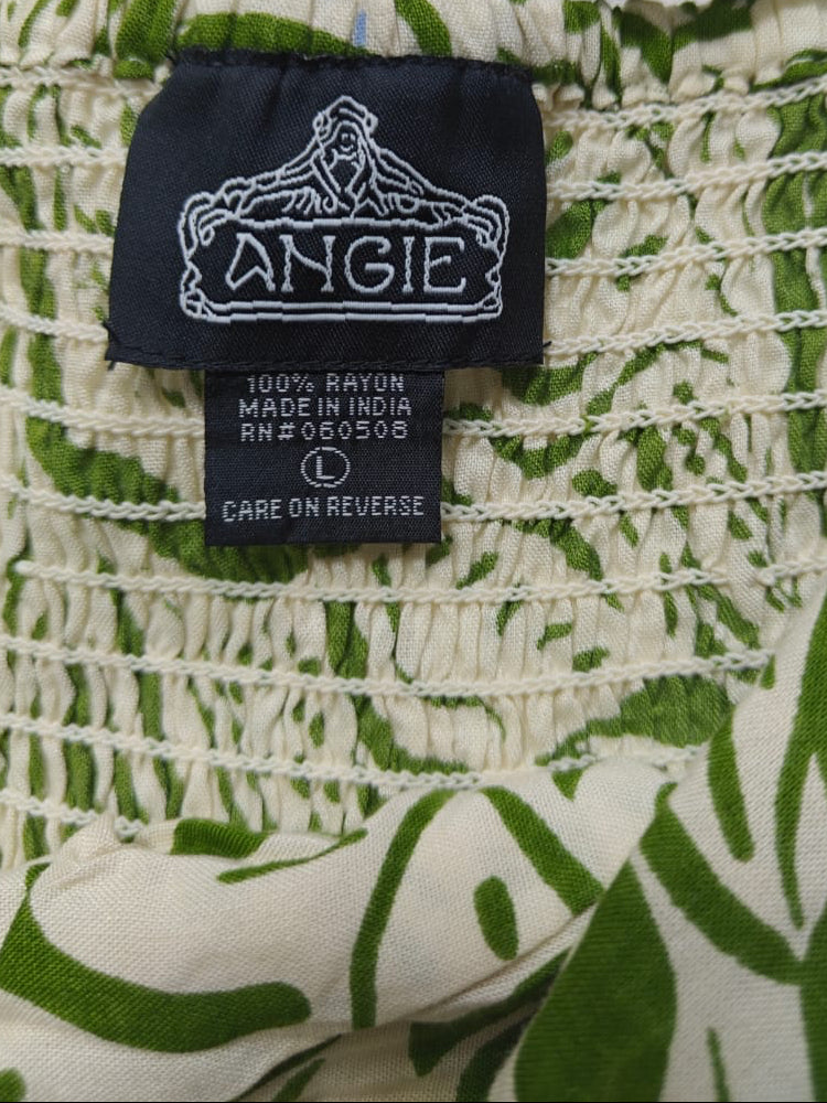 Angie Women's Green & White Leaf Print Rayon Maxi Dress