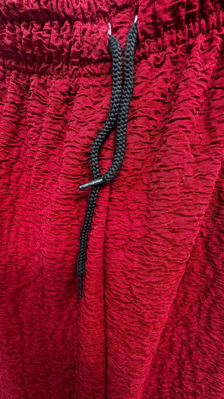 Women's Red Textured Elastic Waist Wide Leg Pants