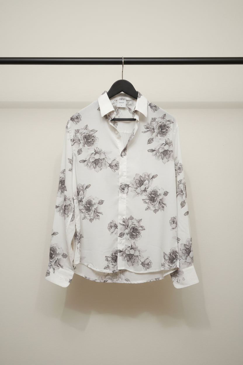 White Floral Print Long Sleeve Shirt