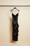 Black Satin Cowl Neck Ruffled Maxi Dress