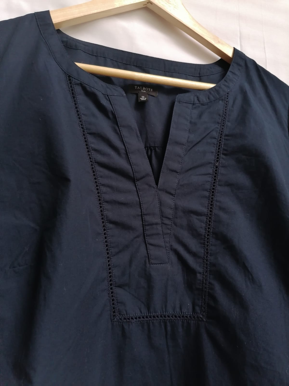 TALBOTS PLUS Women's Navy Blue Embroidered 3/4 Sleeve Tunic Top 1X