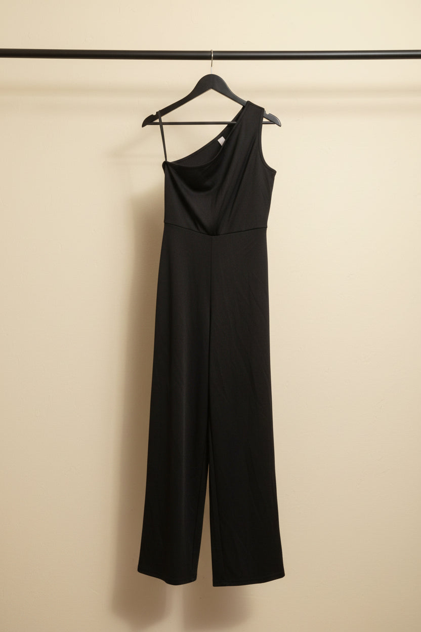 KAZO Women's Black One-Shoulder Wide Leg Jumpsuit
