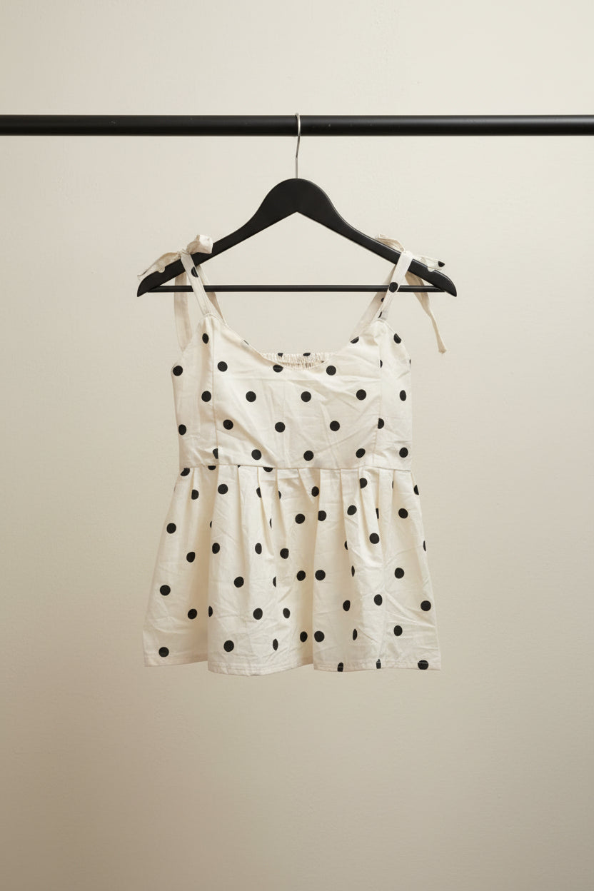 Women's Off-White Polka Dot Spaghetti Strap Pleated Top