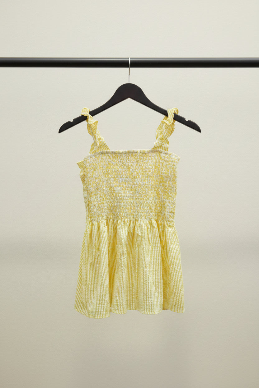 Women's Yellow & White Striped Smocked Ruffle Strap Peplum Top