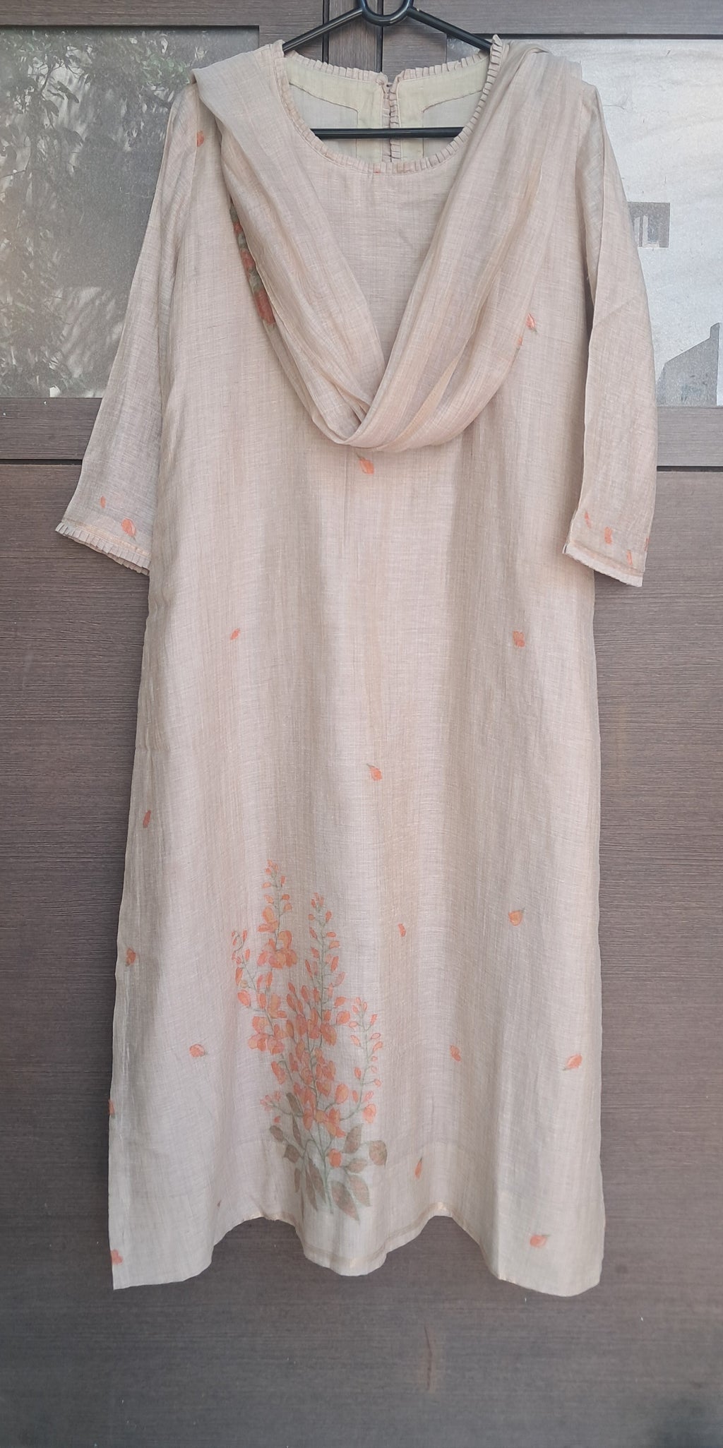 Elegant Beige Linen Blend Kurta with Orange Floral Embroidery and Matching Dupatta