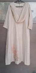 Elegant Beige Linen Blend Kurta with Orange Floral Embroidery and Matching Dupatta