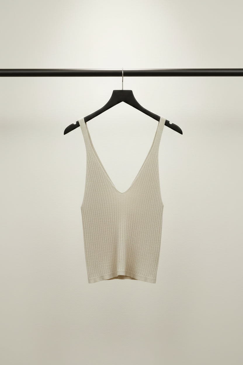 Women's Beige Ribbed Knit V-Neck Tank Top