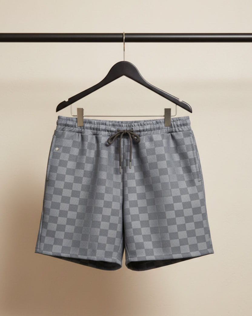 Grey Checkered Drawstring Shorts