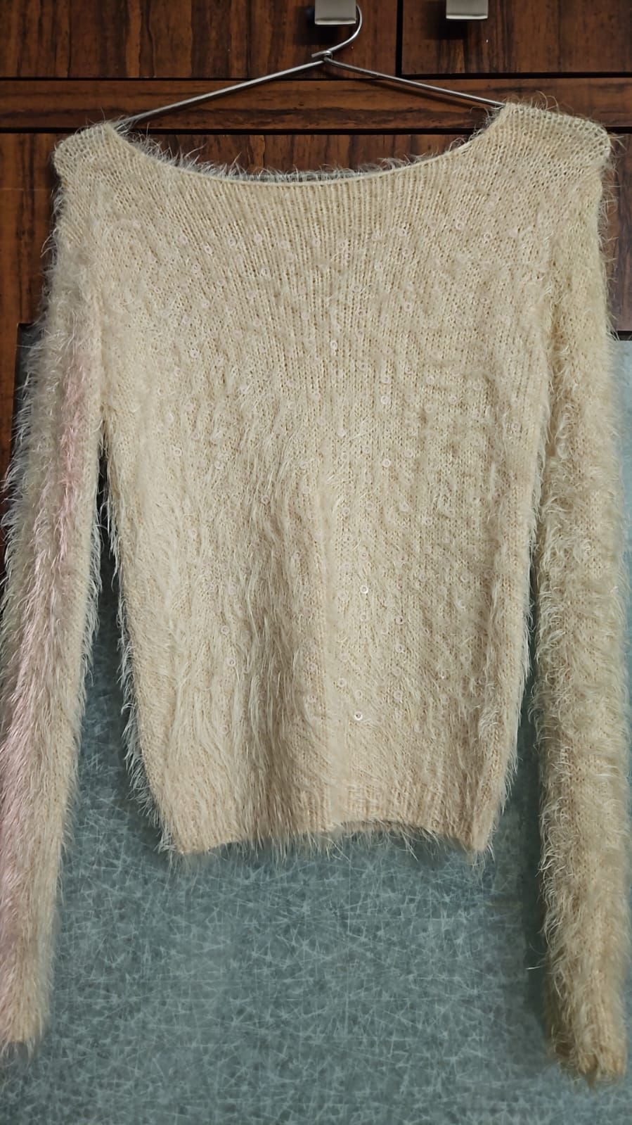 Women's Cream Fuzzy Knit Cropped Sweater Top