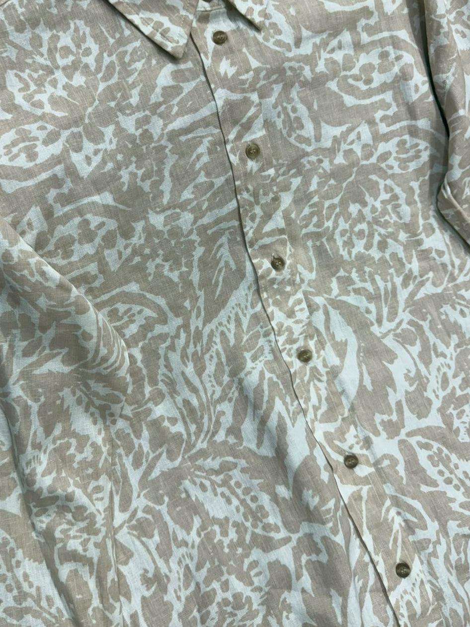 Women's Beige & White Patterned Long Sleeve Button-Up Shirt