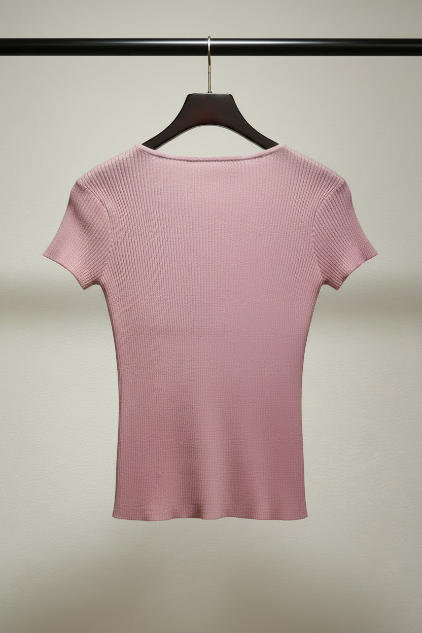 Love & Liberty Pink Ribbed Short Sleeve Button-Front Top