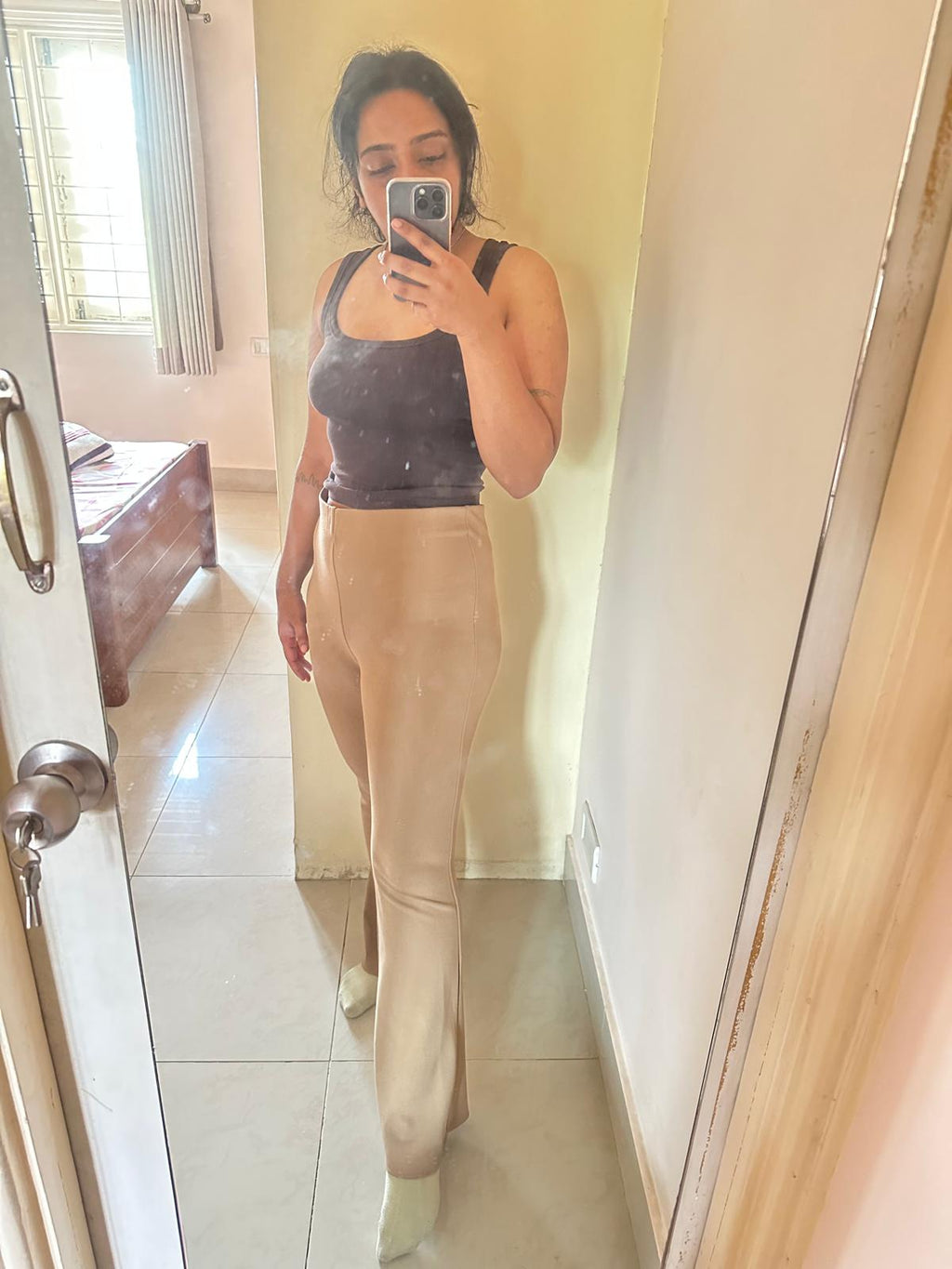 H&M Women's Beige High-Waist Flared Trousers
