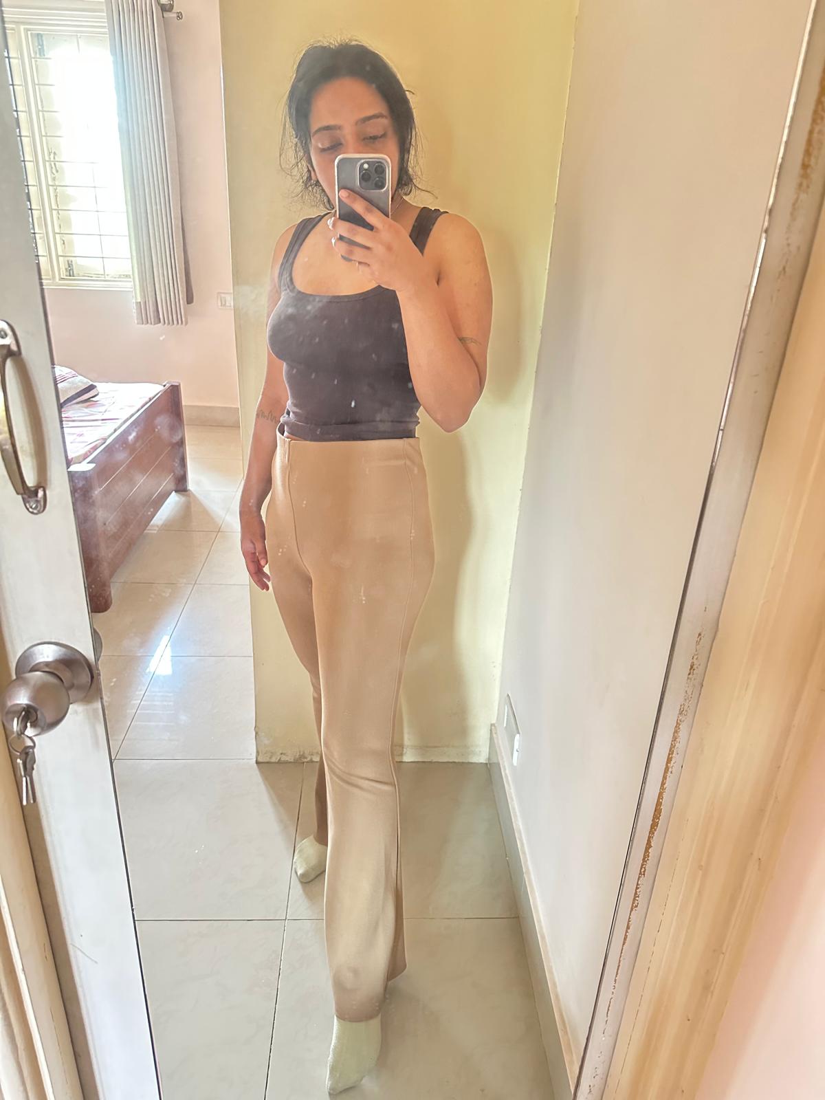 H&M Women's Beige High-Waist Flared Trousers