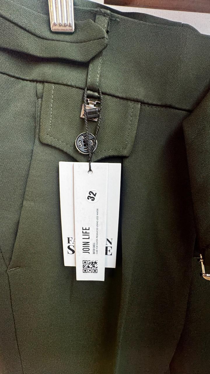 Men's Dark Green Skinny Fit Trousers with Belt Detail