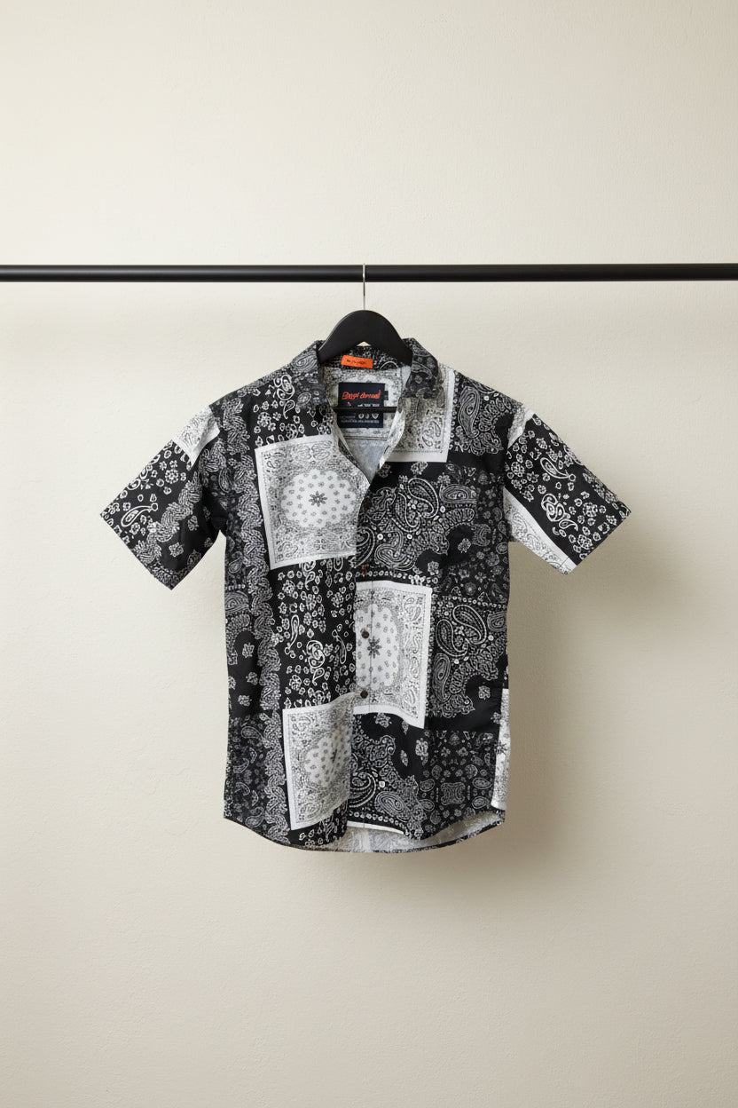 Dark Threads Men's Black & White Paisley Patchwork Short Sleeve Shirt