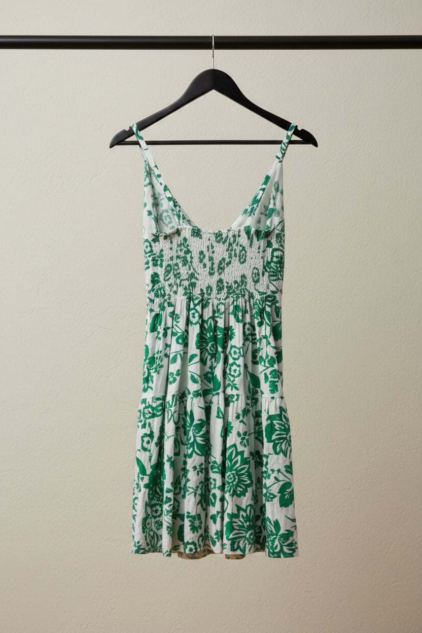 Zara Basic White Green Floral Print Knot Front Mini Dress