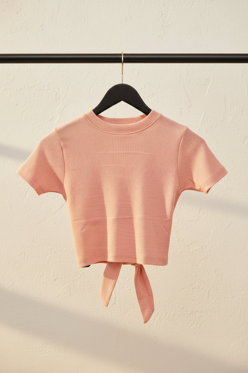 Women's Peach Ribbed Crop Top with Back Cutout and Tie Detail
