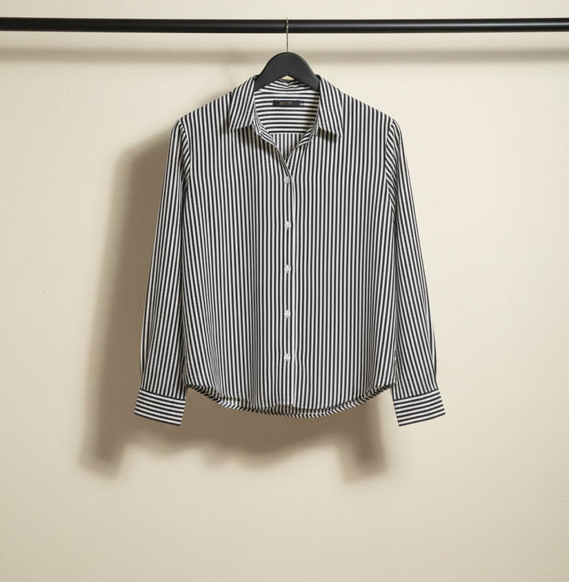 Black and White Striped Long Sleeve Button-Up Shirt