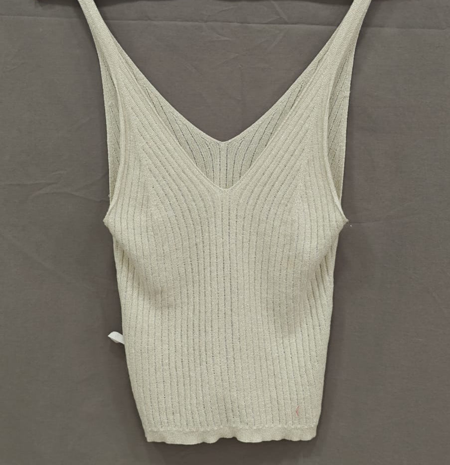 Women's Beige Ribbed Knit V-Neck Tank Top