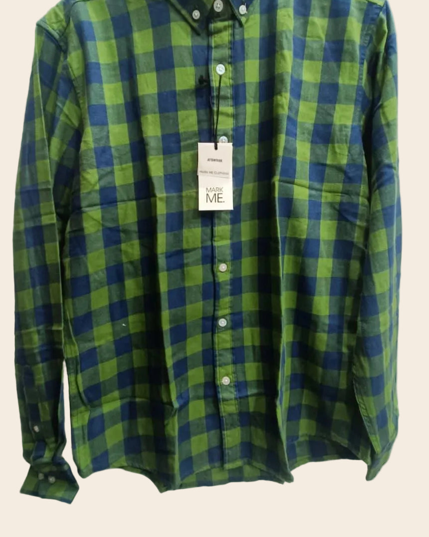 MARK ME Men's Green & Blue Plaid Slim Fit Casual Shirt