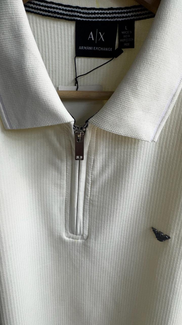 Armani Exchange Men's Cream Ribbed Polo Shirt with Zipper