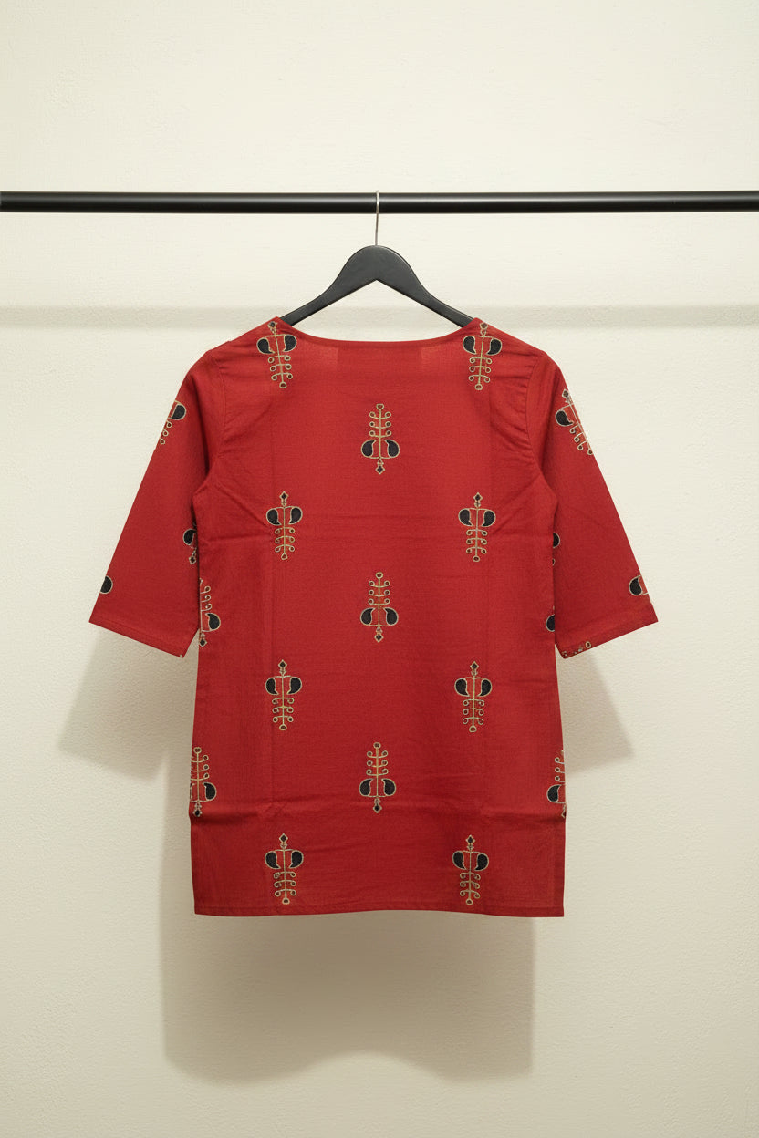 Red Printed Cotton Kurta for Women