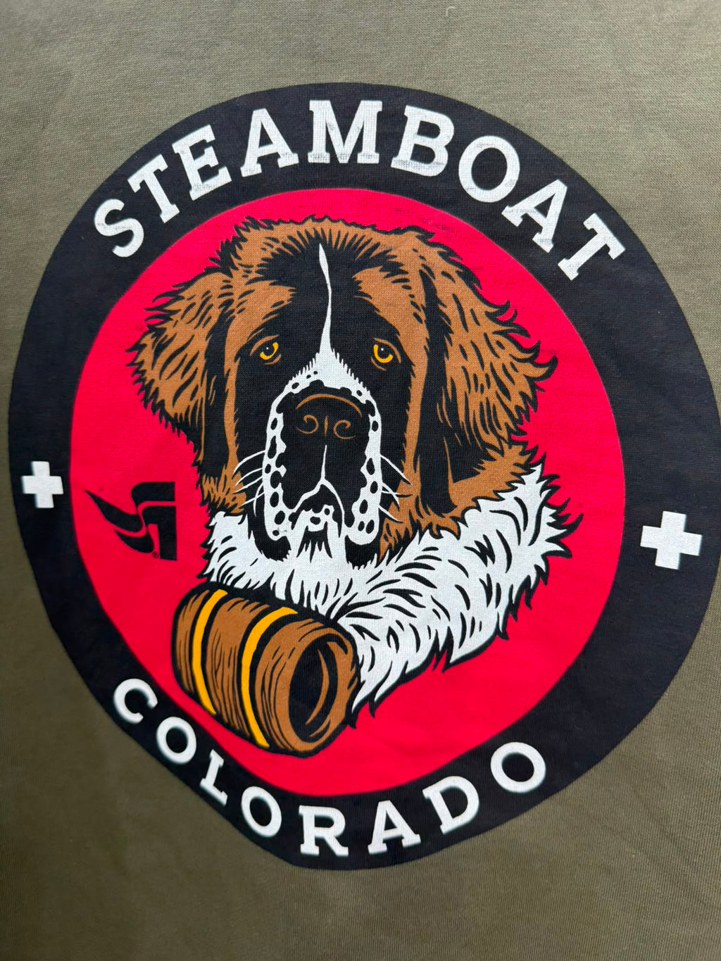 Steamboat Colorado St. Bernard Dog Graphic Olive Green Sweatshirt