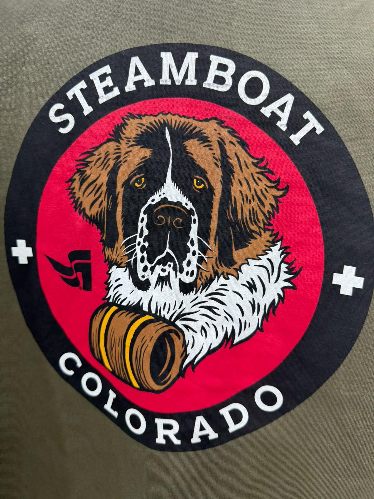 Steamboat Colorado St. Bernard Dog Graphic Olive Green Sweatshirt