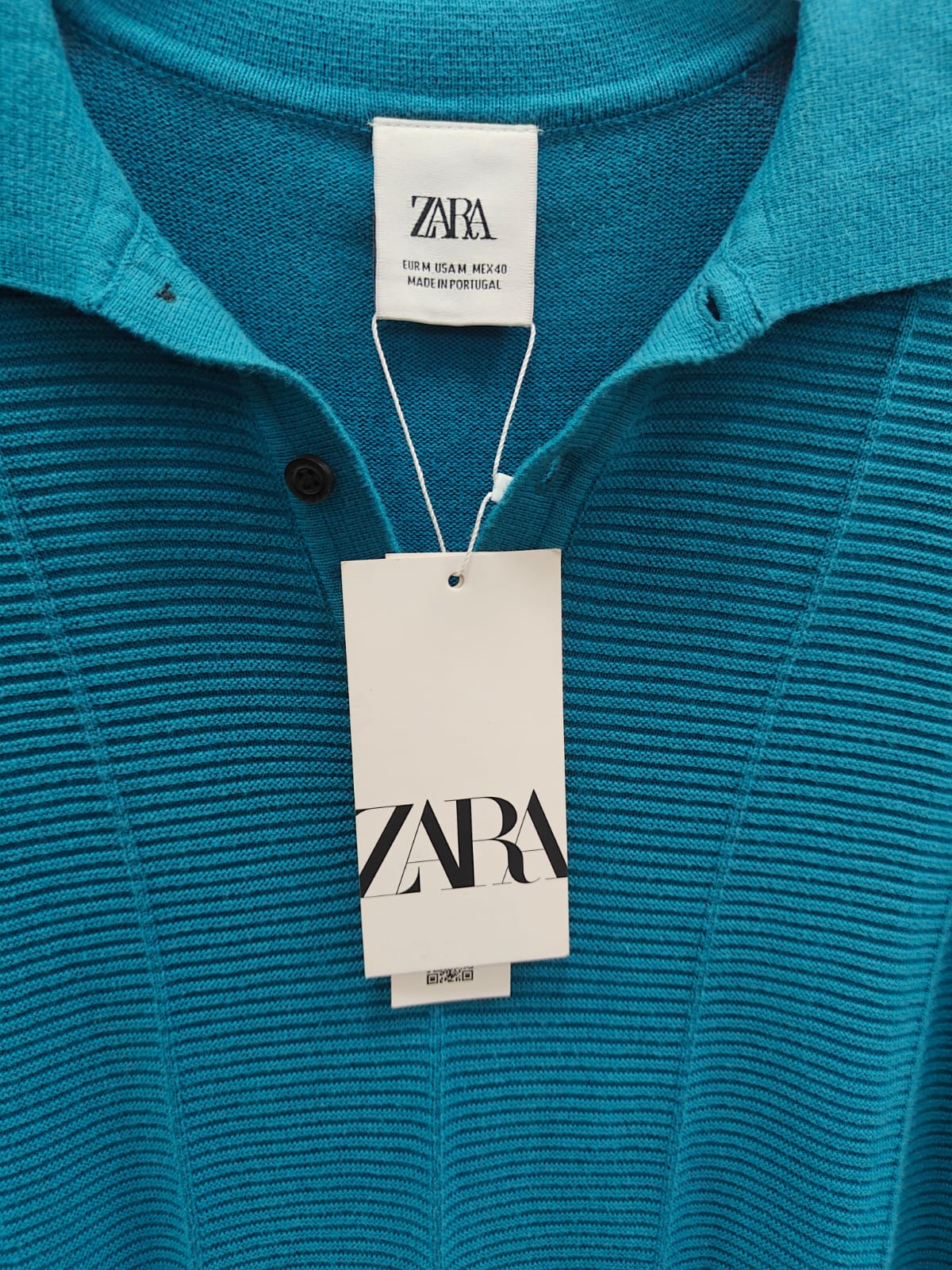 ZARA Men's Teal Ribbed Knit Polo Shirt