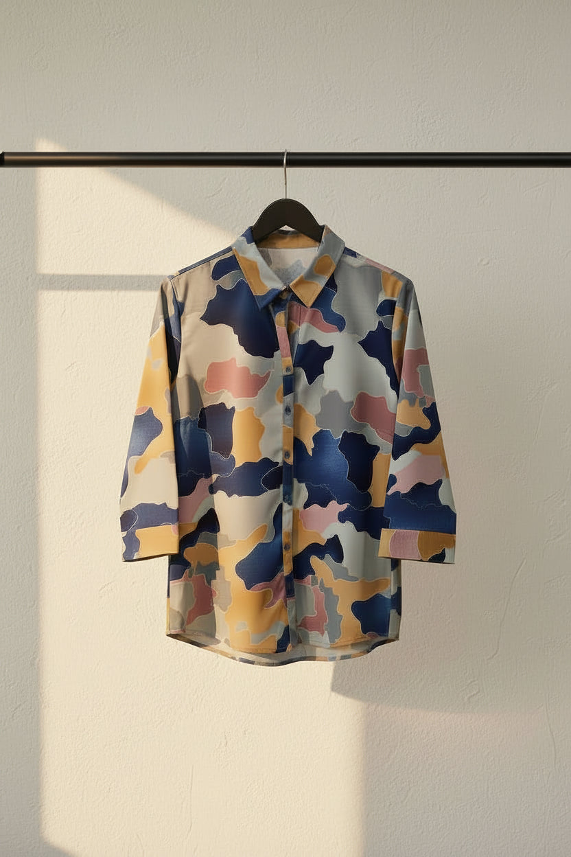 A long-sleeve button-up shirt with a multicolor camouflage pattern in navy blue, mustard yellow, gray, and dusty pink, laid flat on a white fabric background.
