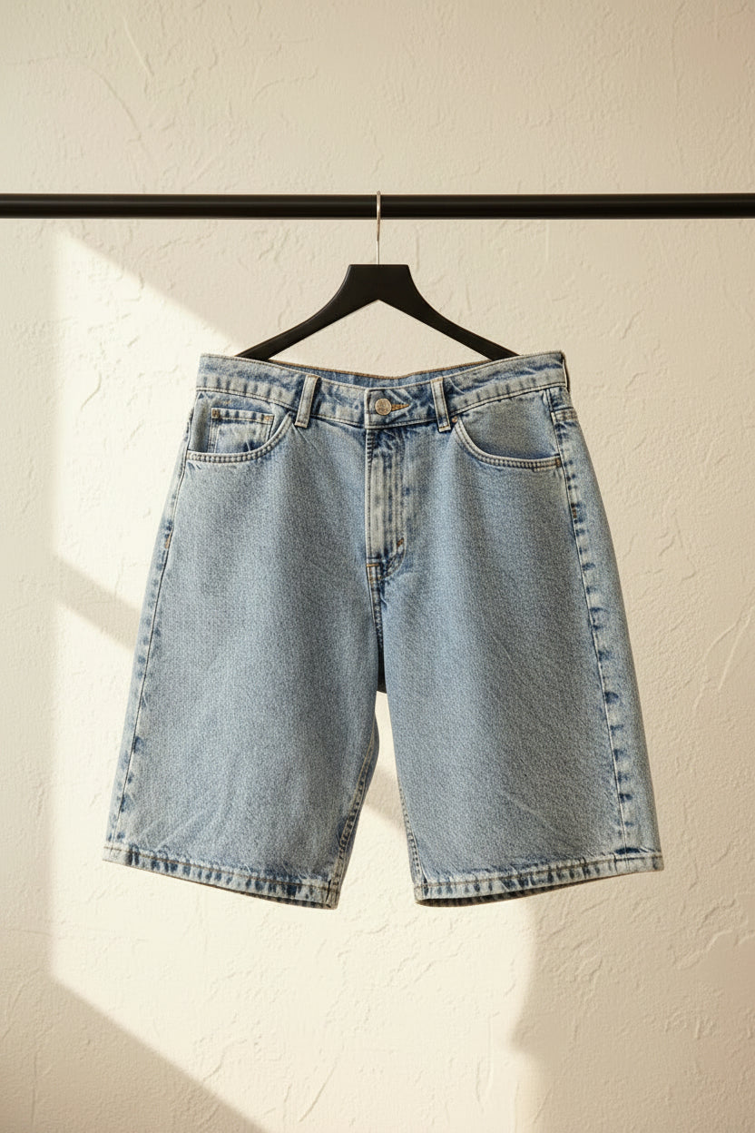 Light wash blue denim shorts hanging from a wooden hanger against a red background.