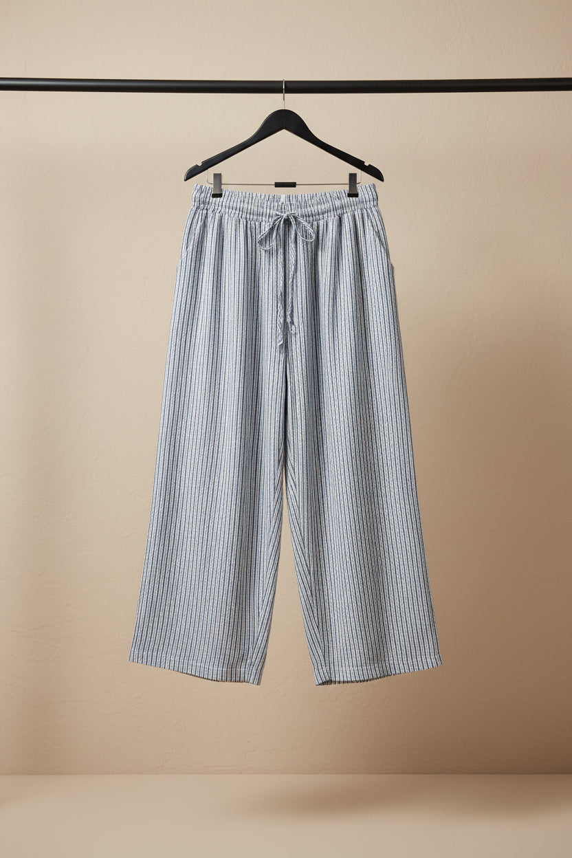 Women's Blue and White Striped Elastic Waist Relaxed Fit Trousers