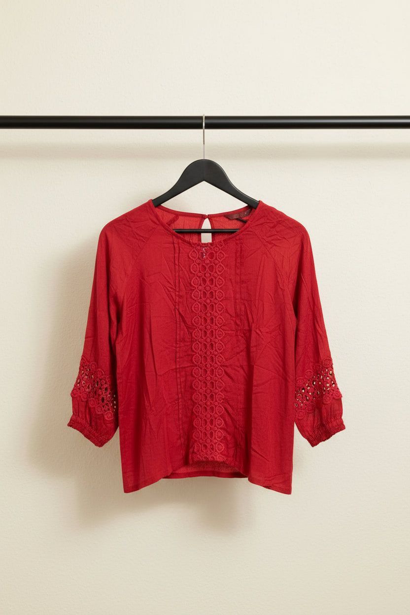 TOKYO TALKIES Women's Red Embroidered 3/4 Sleeve Top