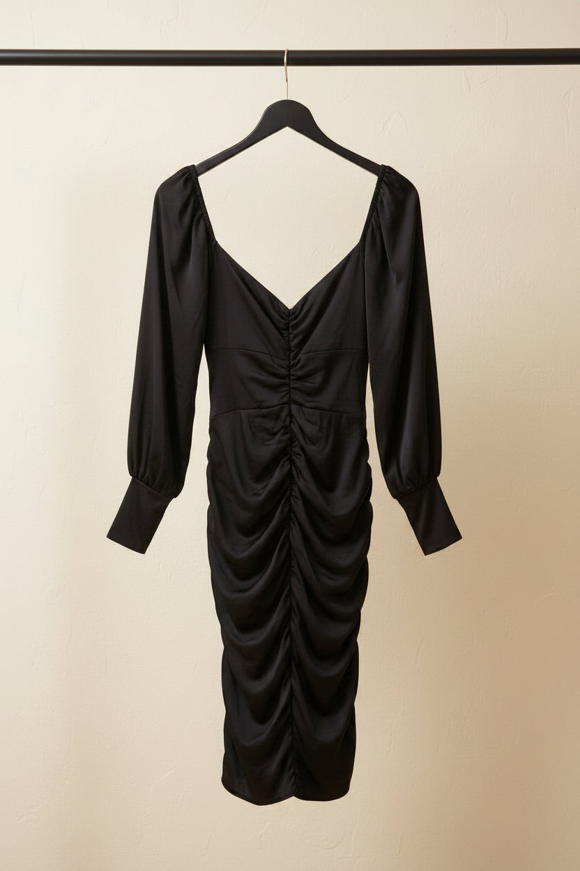 KAZO Women's Black Long Sleeve Ruched Bodycon Mini Dress