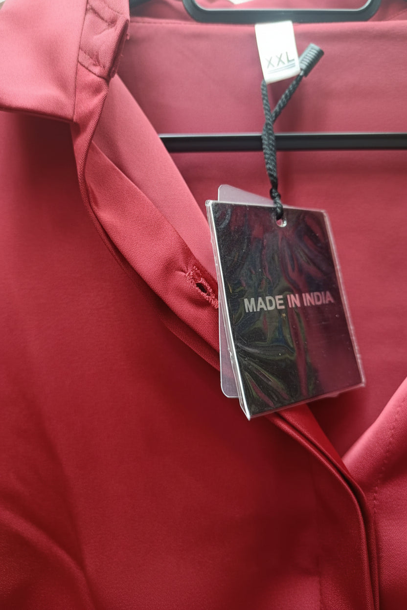 Women's Red Satin Long Sleeve Collared Shirt
