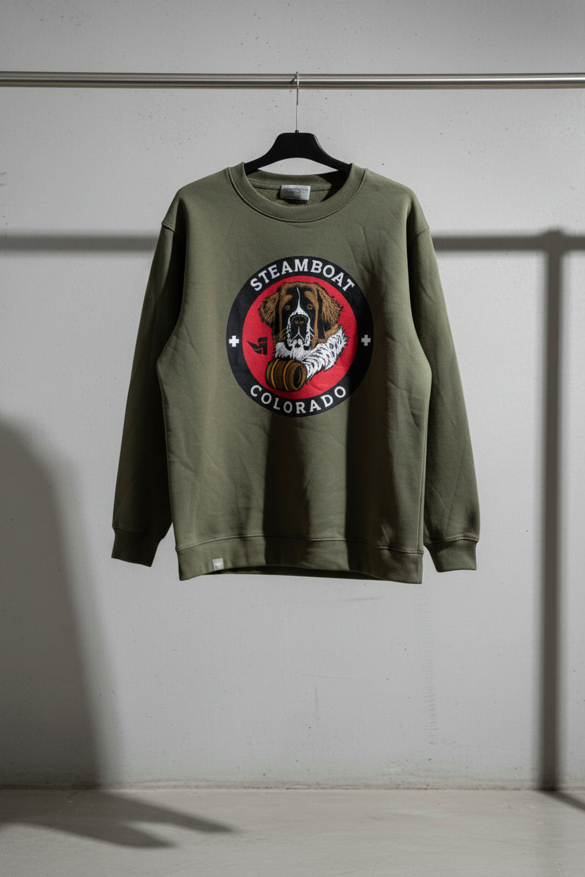 Steamboat Colorado St. Bernard Dog Graphic Olive Green Sweatshirt