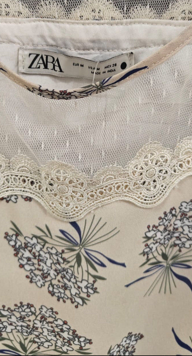 Zara Women's Beige Floral Print Cold Shoulder Top with Lace Detail