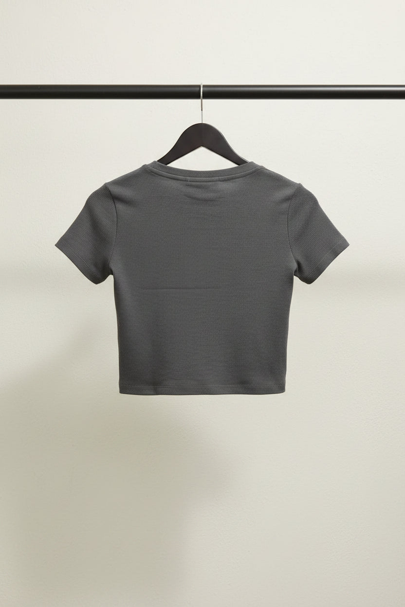 Grey Ribbed Knit Short Sleeve Knot Front Top