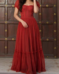 Red Corset Style Puff Sleeve Maxi Dress