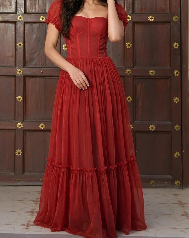 Red Corset Style Puff Sleeve Maxi Dress