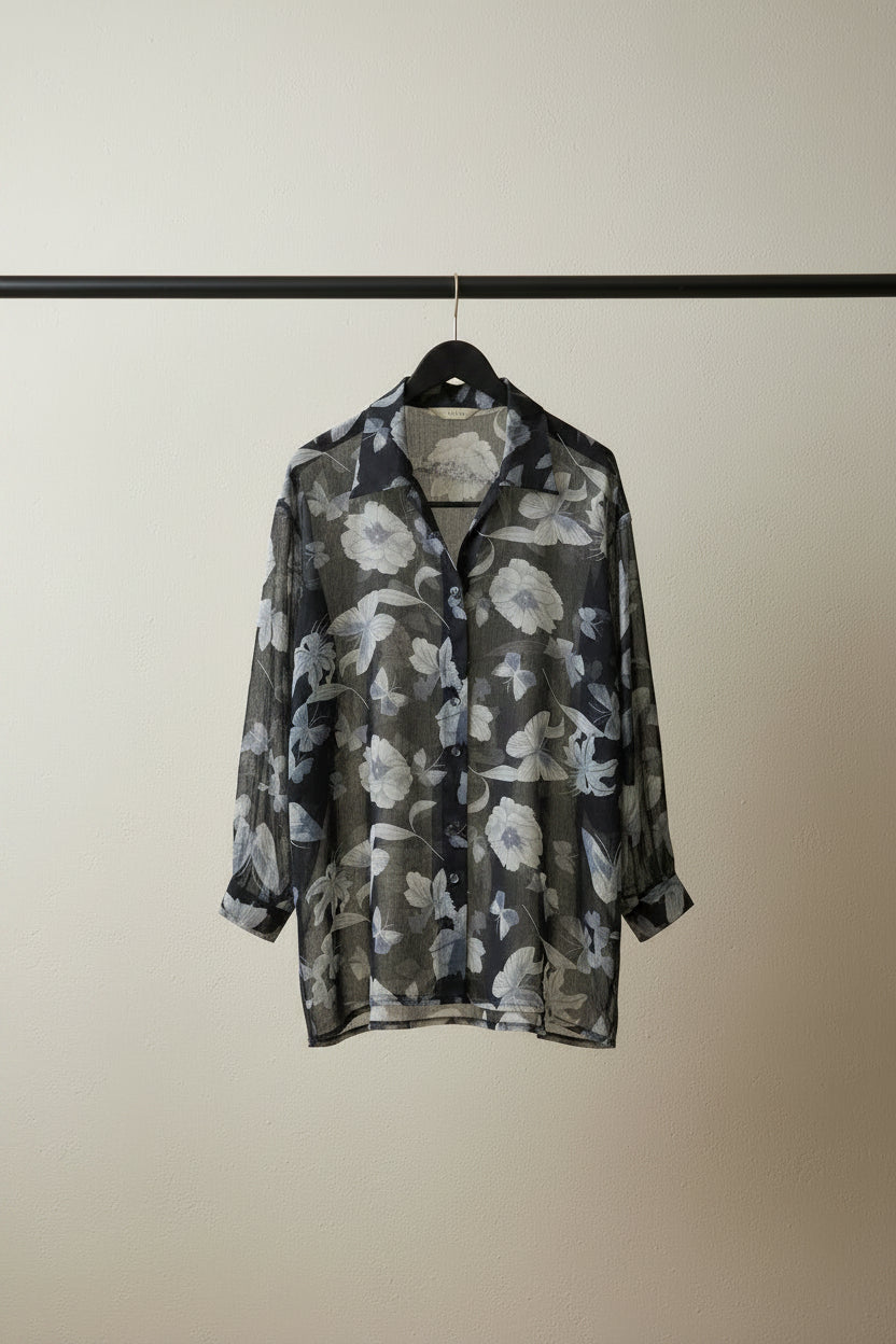 Black and White Floral Butterfly Sheer Button-Up Blouse
